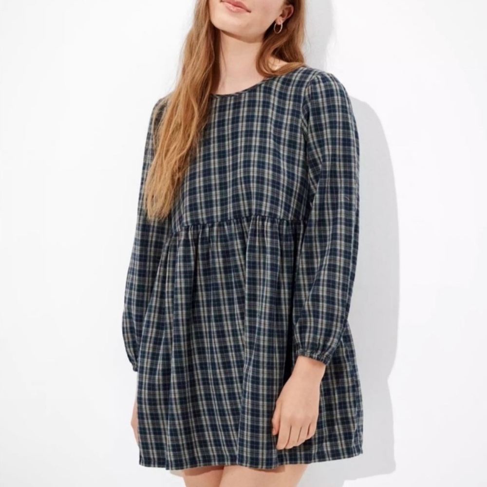 American Eagle Outfitters Blue & Green Plaid Flannel Babydoll Dress
